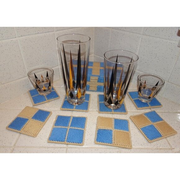 Vintage Blue Plastic Canvas Coaster Set 8 with Holder needlepoint handmade retro - Picture 2 of 10